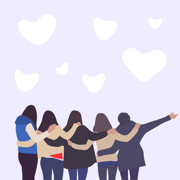 Διαφορετική ομάδα γυναικών αγκαλιάζει μαζί Επίπεδες φίλες χαρακτήρες αγκαλιάζει μαζί - Διάνυσμα, εικόνα