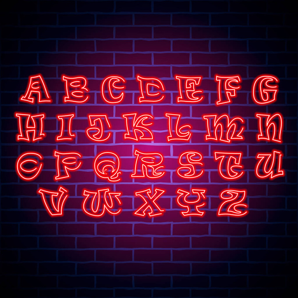 Alfabeto de luz de néon no fundo da parede de tijolo azul
 - Vetor, Imagem