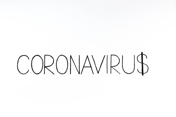 Text coronavirus with dollar symbol on white background. Isolated - Photo, Image