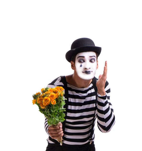 Mime with bunch of flowers isolated on white - Photo, Image