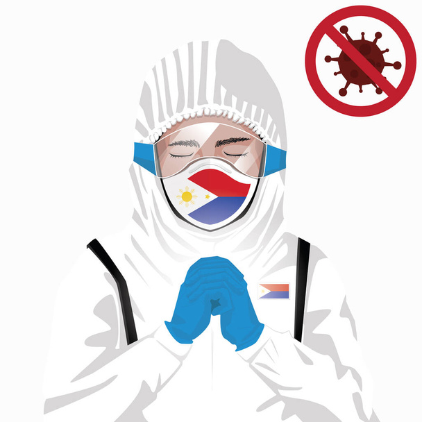 Covid-19 nebo Coronavirus koncept. Filipínský zdravotnický personál nosí masku v ochranném oděvu a modlí se za vypuknutí viru Covid-19 na Filipínách. Filipínský muž a filipínská vlajka. Pandemický virus korony - Vektor, obrázek