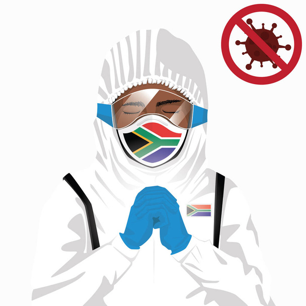 Covid-19 tai Coronavirus käsite. Afrikkalainen hoitohenkilökunta naamioituneena suojavaatteisiin ja rukoillen Covid-19-viruksen puhkeamista vastaan Etelä-Afrikassa. Afrikkalainen mies ja Etelä-Afrikan lippu. Pandemiakoronavirus
 - Vektori, kuva