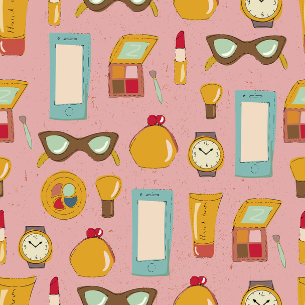 Seamless pattern with objects of a girl bag. - Vector, Image
