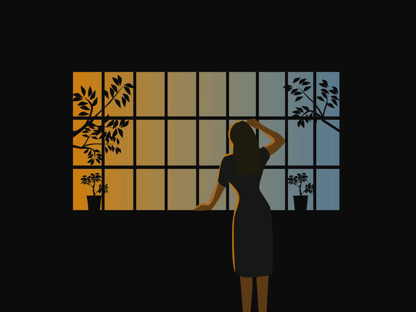 Женщина стояла, глядя в окно с утренним солнечным светом на заднем плане
 - Вектор,изображение