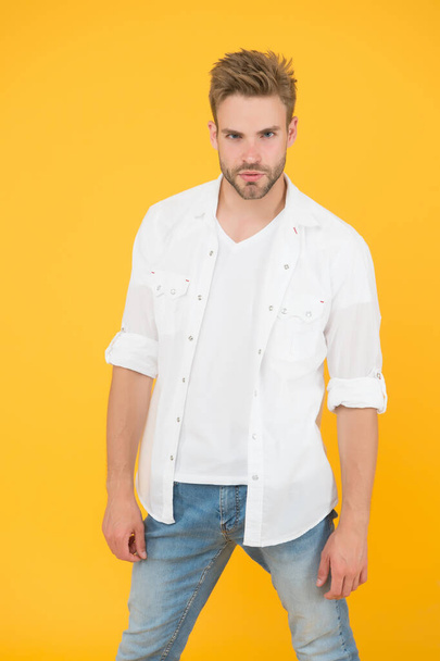Reached privileged position. Attractive man wear shirt. Confident in his appealing. Bearded guy business style. Handsome man fashion model. Sexy macho man. Formal fashion. Formal style. Clothes shop - Foto, Bild