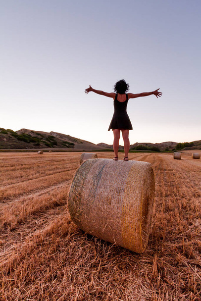 Caucasian 30s brunette woman, standing with arms raised on a bale of hay during Golden hour - Photo, Image