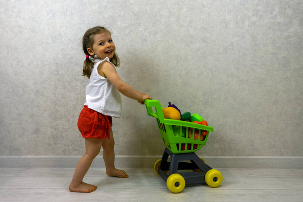 Dívka si hraje v supermarketu s nákupním košíkem plným umělé zeleniny a ovoce. - Fotografie, Obrázek