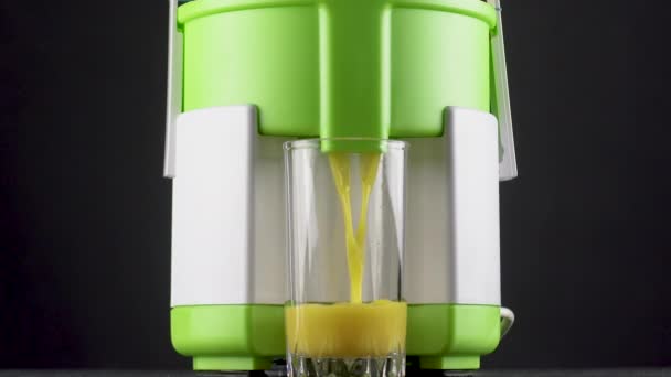 Freshly squeezed orange juice is poured into a glass cup from a juicer. Concept - Footage, Video