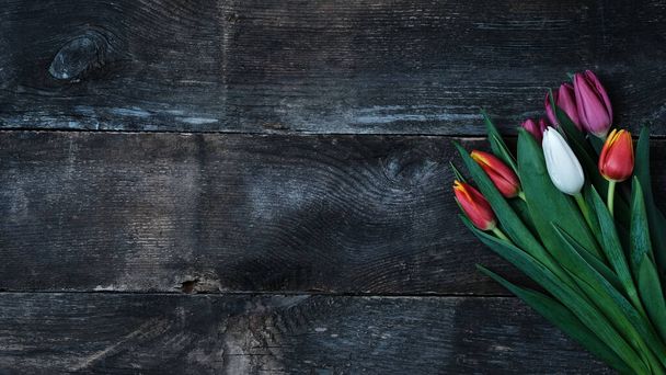 Bouquet of multi-colored tulips on a vintage wooden background with a copy space - Fotografie, Obrázek