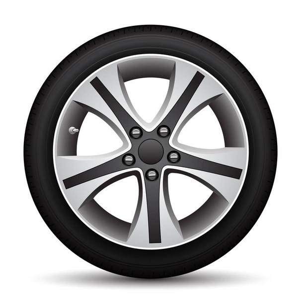 Realistic car wheel alloy black tire on white background vector illustration. - Vector, Image