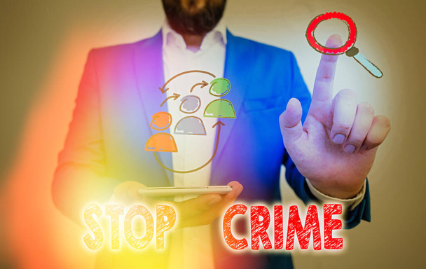 Az SMS-ben a Stop Crime áll. Fogalmi fotó az erőfeszítés vagy kísérlet a bűnözés és a bűnözők csökkentésére és elrettentésére. - Fotó, kép