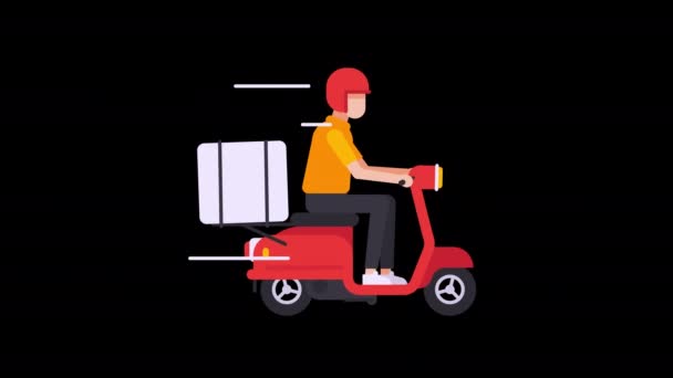 Mensajero en scooter con caja en el maletero. Fondo transparente. Animación Loop. Gráficos en movimiento
 - Metraje, vídeo