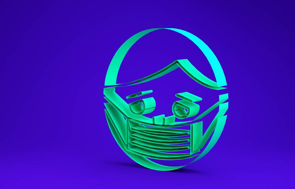 Green Man gezicht in een medisch beschermend masker pictogram geïsoleerd op blauwe achtergrond. Quarantaine. Minimalisme concept. 3d illustratie 3D renderen - Foto, afbeelding