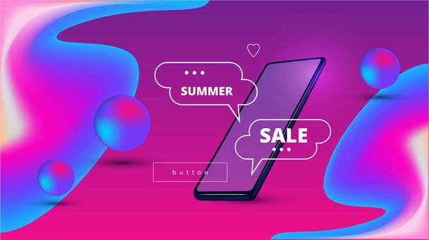 Beautiful vibrant vector banner with neon fluids, balls and phone - Vector, Image