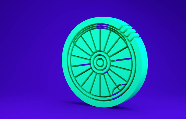Ícone de roda de carro verde isolado no fundo azul. Conceito de minimalismo. 3D ilustração 3D render - Foto, Imagem