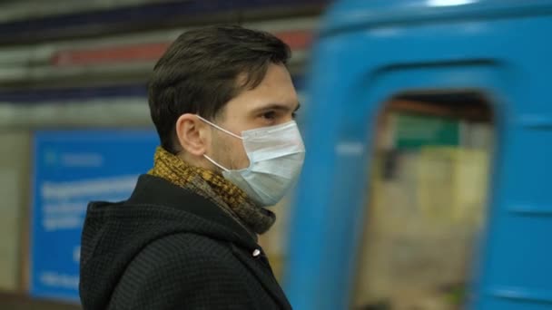 Ill People Respiratory Mask. Metro Station. Subway Underground Train Coronavirus - Video, Çekim