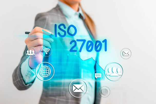 Conceptual hand writing showing Iso 27001. Business photo text specification for an information security management system. - Photo, Image
