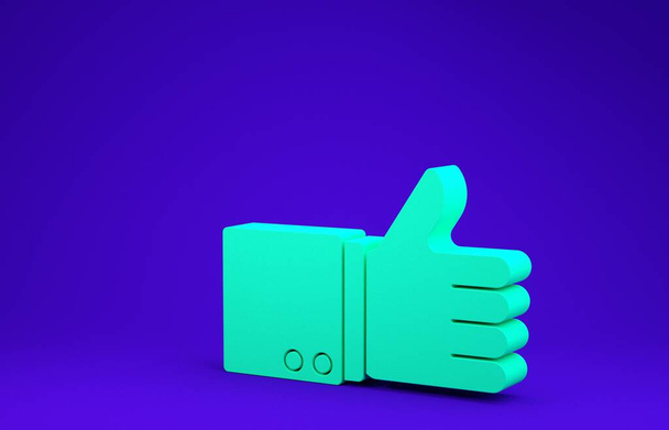 Zielony Kciuk do góry ikona izolowana na niebieskim tle. Koncepcja minimalizmu. Ilustracja 3D 3D renderowania - Zdjęcie, obraz