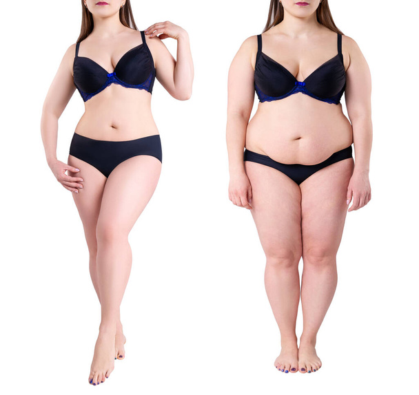Woman's body before and after weight loss isolated on white background, plastic surgery concept - Φωτογραφία, εικόνα