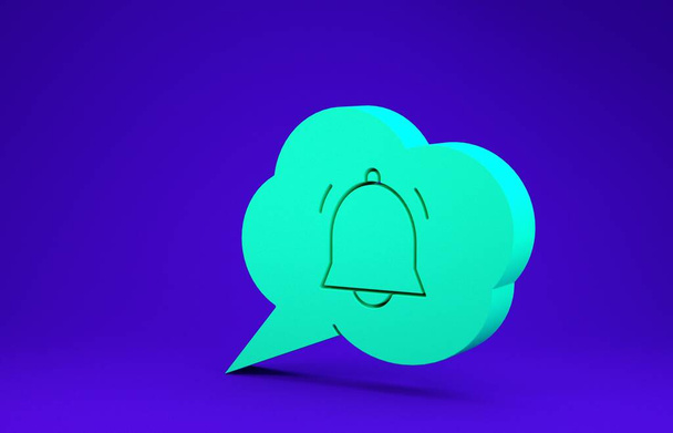 Бульбашка зеленого мовлення з піктограмою сповіщення балачки ізольовано на синьому фоні. Нове повідомлення, діалогове вікно, балачка, сповіщення про соціальні мережі. Концепція мінімалізму. 3D ілюстрація 3D рендеринга
 - Фото, зображення