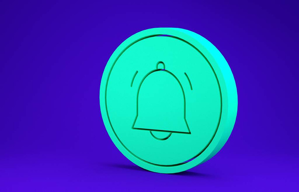 緑の丸ボタンと青の背景に隔離されたチャット通知アイコン。新しいメッセージ、ダイアログ、チャット、ソーシャルネットワークの通知。最小限の概念。3Dイラスト3Dレンダリング - 写真・画像
