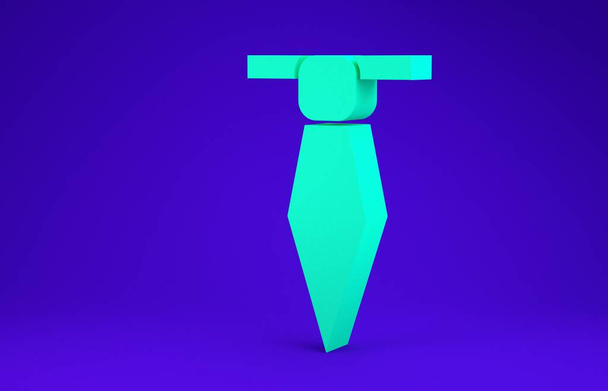 緑のタイのアイコンは青の背景に隔離されます。ネクタイとネックレスのシンボル。最小限の概念。3Dイラスト3Dレンダリング - 写真・画像