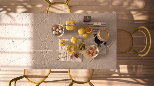Vintage retro eetkamer in gele tinten met houten tafel en stoelen, ontbijtbuffet met cappuccino, fruit, eieren, koekjes en kaneel. Interieur, bovenaanzicht, plattegrond, boven - Foto, afbeelding