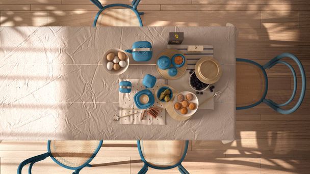 Vintage retro dining room in blue tones with wooden table and chairs, breakfast buffet with cappuccino, fruit, eggs, cookies and cinnamon. Interior design, top view, plan, above - Foto, immagini