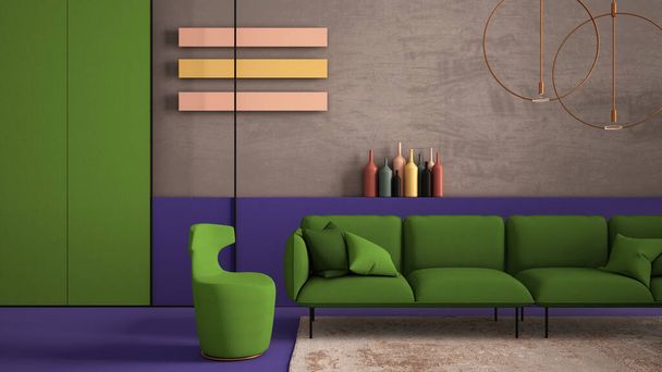 Salon contemporain vert et violet, canapé, fauteuil, tapis, murs en béton, panneaux et décors, lampes suspendues en cuivre. Ambiance design intérieur, idée d'architecture
 - Photo, image
