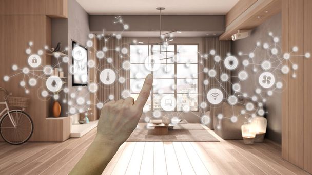 Glowing smart home interface, geometric background, connected line and dos showing internet of things system, hand pointing icons over minimalist luxury living room, home automation - Fotografie, Obrázek