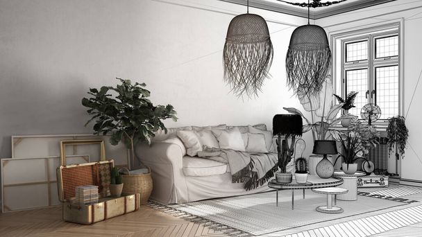 Architect interior designer concept: unfinished project that becomes real, vintage, old style living room, sofa, pillows and rattan pendant lamps, retro interior design concept - Photo, Image