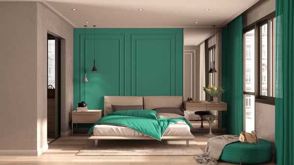 Minimum klasik turkuaz tonlu yatak odası, gömme dolap, yorgan ve yastıklı çift kişilik yatak, lambalı yan masalar, halı. Parke ve sıva duvarlar, lüks iç tasarım fikri. - Fotoğraf, Görsel