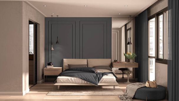 Mínimo dormitorio clásico en tonos grises con walk-in closet, cama doble con edredón y almohadas, mesas auxiliares con lámparas, alfombra. Parquet y paredes de estuco, idea de diseño de interiores de lujo
 - Foto, imagen
