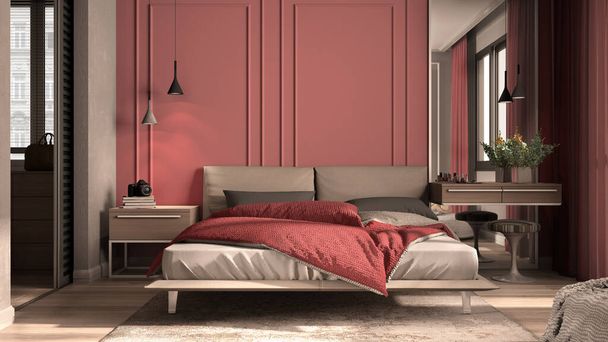 Minimalna klasyczna sypialnia w odcieniach czerwieni z garderobą, podwójne łóżko z kołdrą i poduszkami, stoliki boczne z lampkami, dywan. Ściany parkietowe i sztukaterie, luksusowy pomysł na wystrój wnętrz - Zdjęcie, obraz