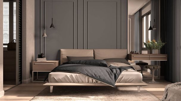 Minimaalinen klassinen makuuhuone harmaita sävyjä vaatekaappi, parivuode pussilakana ja tyynyt, sivupöydät lamput, matto. Parketti ja stukki seinät, ylellinen sisustus idea
 - Valokuva, kuva