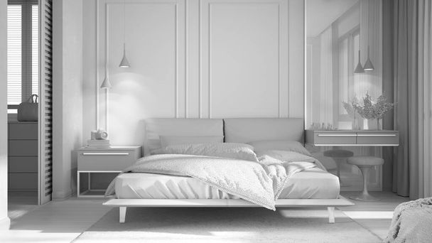 トータルホワイトプロジェクトドラフト、ウォークインクローゼット付きの最小限の古典的なベッドルーム、デュベットと枕、サイドテーブルとカーペット付きのダブルベッド。パケットとスタッコの壁、豪華なインテリアデザインのアイデア - 写真・画像