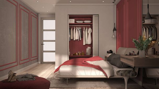 Quarto clássico mínimo em tons vermelhos com closet, cama de casal com edredão e travesseiros, mesas laterais com lâmpadas, carpete. Paredes de parquet e estuque, ideia de design de interiores de luxo
 - Foto, Imagem