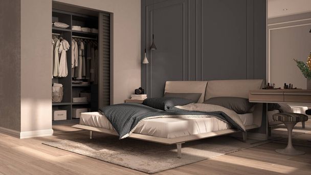 Küçük klasik yatak odası yeşil tonlarda, dolabı açık, yorgan ve yastıklı çift kişilik yatak, lambalı yan masalar, halı. Parke ve sıva duvarlar, lüks iç tasarım fikri. - Fotoğraf, Görsel