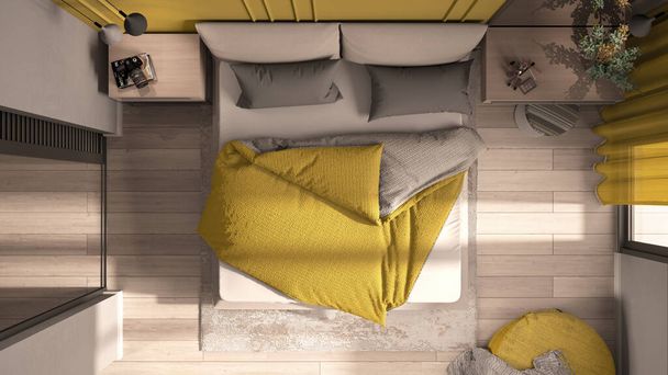 Minimal κλασικό υπνοδωμάτιο σε κίτρινες αποχρώσεις, διπλό κρεβάτι με πάπλωμα και μαξιλάρια, πλευρικά τραπέζια, λάμπες, χαλί. Παρκέ δάπεδο, κορυφαία θέα, σχέδιο, πάνω, διατομή, ιδέα εσωτερικής διακόσμησης - Φωτογραφία, εικόνα