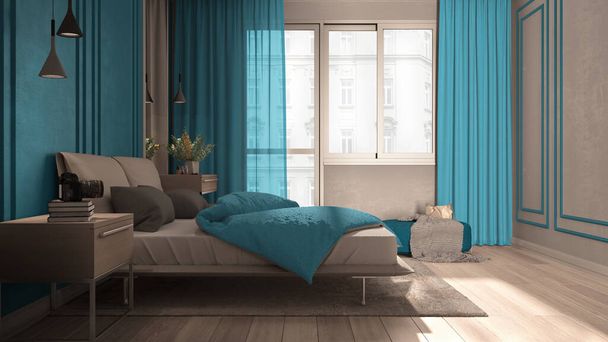 パノラマの窓のある青い色調で最小限の古典的なベッドルーム、デュベットと枕付きのダブルベッド、ランプ付きサイドテーブル、カーペット。パケットとスタッコの壁、豪華なインテリアデザインのアイデア - 写真・画像