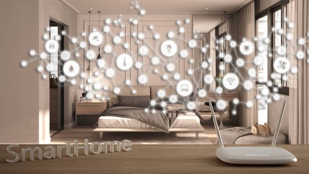 WLAN-Router auf Holztisch, Smart Home, geometrischer Hintergrund mit angeschlossener Linie und Punkten, die das Internet der Dinge zeigen, Konzept der Hausautomatisierung über klassischem Schlafzimmer - Foto, Bild