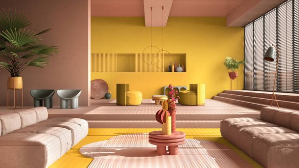 Sala de estar contemporânea colorida, cores amarelas pastel, sofá, poltrona, carpete, mesas, degraus e plantas em vasos, lâmpadas de pingente de cobre. Ambiente de design de interiores, ideia de arquitetura
 - Foto, Imagem