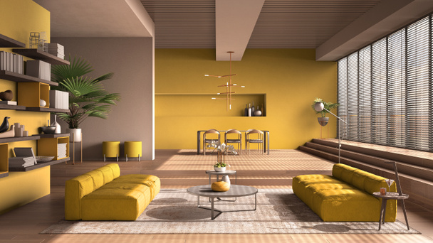 Sala de estar moderna em tons amarelos, hall, espaço aberto com piso de carvalho parquet com degraus, sofá, tapete e mesas de café, mesa de jantar com cadeiras e lâmpadas, design interior mínimo
 - Foto, Imagem