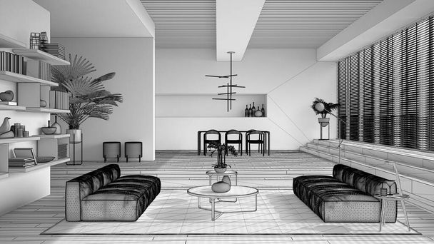 Nedokončený návrh projektu, moderní obývací pokoj, hala, otevřený prostor s parketovou podlahou se schody, pohovka, koberec a konferenční stolek, jídelní stůl, židle a lampy, minimální design interiéru - Fotografie, Obrázek