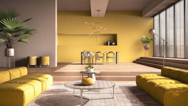 Sarı tonlarda modern oturma odası, salon, açık alan parke meşe zeminli merdivenler, kanepe, halı ve kahve masaları, sandalyeli yemek masası ve lambalar, minimal iç tasarım. - Fotoğraf, Görsel