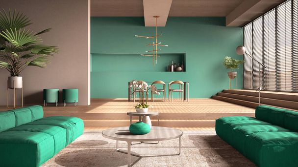Moderne woonkamer in turquoise tinten, hal, open ruimte met parket eiken vloer met treden, bank, tapijt en salontafels, eettafel met stoelen en lampen, minimaal interieur - Foto, afbeelding