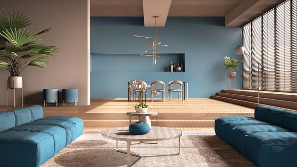 Modernes Wohnzimmer in Blautönen, Flur, offener Raum mit Eichenparkett mit Stufen, Sofa, Teppich und Couchtischen, Esstisch mit Stühlen und Lampen, minimalistisches Interieur - Foto, Bild