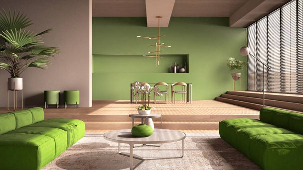 Современная гостиная в зеленых тонах, холл, открытое пространство с паркетным дубовым полом со ступеньками, диваном, ковром и журнальными столиками, обеденный стол со стульями и лентами, минимальный дизайн интерьера
 - Фото, изображение