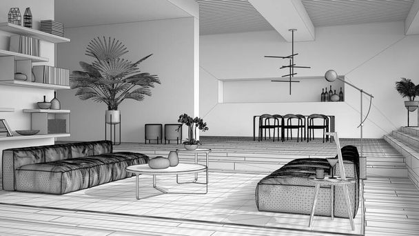 Nedokončený návrh projektu, moderní obývací pokoj, hala, otevřený prostor s parketovou podlahou se schody, pohovka, koberec a konferenční stolek, jídelní stůl, židle a lampy, minimální design interiéru - Fotografie, Obrázek