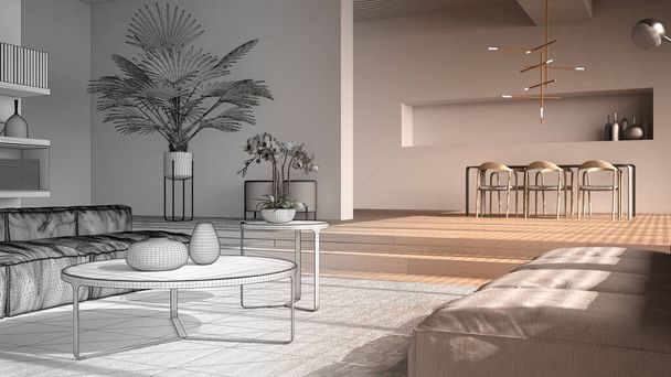 建築家インテリアデザイナーのコンセプト:現代的なリビングルーム、ホール、階段、ソファ、ダイニングテーブル、椅子、最小限のデザインで寄木細工とオープンスペースになる未完成のプロジェクト - 写真・画像